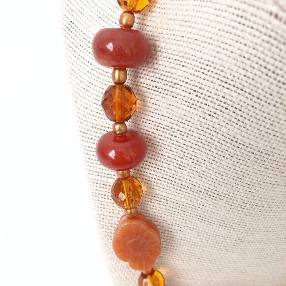 NWT Genuine Carved Sunstone, Agate, Pearl & Czech Crystal Necklace Flower Orange - Picture 3 of 6